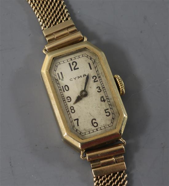 A ladies 9ct gold Cyma wristwatch, with silvered Arabic dial and adjustable mesh bracelet